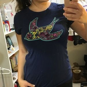 Navy blue floral bird design tee shirt